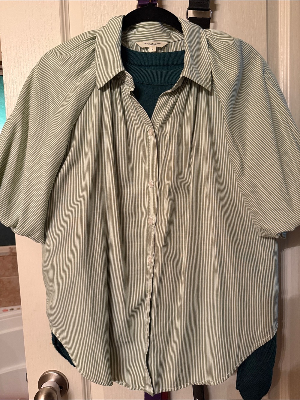Max Studio Light Green Pinstripe Women’s Blouse- Size L